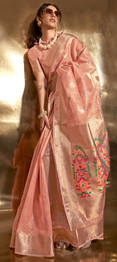 Pink and Majenta color Saree in Silk, Tissue fabric with Zari work