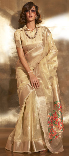 Beige and Brown color Saree in Silk, Tissue fabric with Zari work