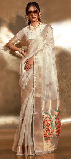 White and Off White color Saree in Silk, Tissue fabric with Zari work