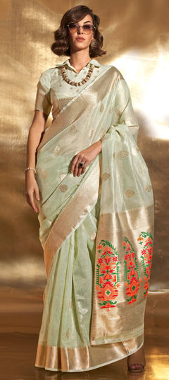 Green color Saree in Silk, Tissue fabric with Zari work