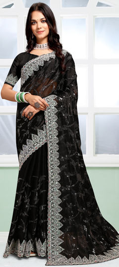 Black and Grey color Saree in Silk fabric with Embroidered, Sequence, Thread work