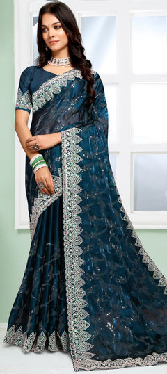 Blue color Saree in Silk fabric with Embroidered, Sequence, Thread work