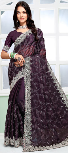 Purple and Violet color Saree in Silk fabric with Embroidered, Sequence, Thread work