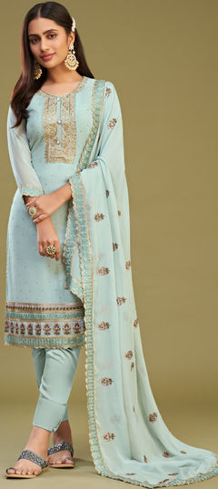 Blue color Salwar Kameez in Georgette fabric with Embroidered, Stone, Swarovski, Thread work