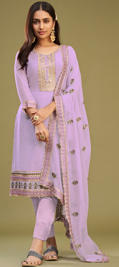 Purple and Violet color Salwar Kameez in Georgette fabric with Embroidered, Stone, Swarovski, Thread work