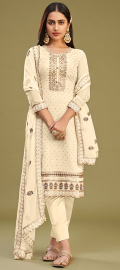 Beige and Brown color Salwar Kameez in Georgette fabric with Embroidered, Stone, Swarovski, Thread work