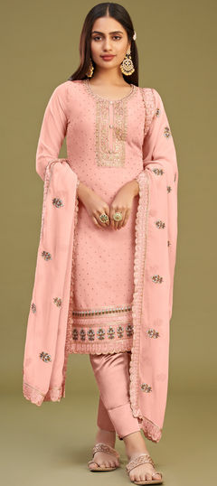 Pink and Majenta color Salwar Kameez in Georgette fabric with Embroidered, Stone, Swarovski, Thread work