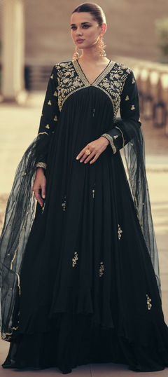 Festive, Reception, Wedding Black and Grey color Gown in Art Silk fabric with Cut Dana, Stone, Zardozi work : 1927907