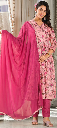 Pink and Majenta color Salwar Kameez in Art Silk fabric with Digital Print, Floral, Sequence work