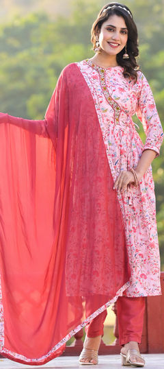 Pink and Majenta color Salwar Kameez in Art Silk fabric with Digital Print, Floral, Sequence work