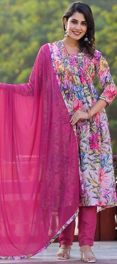 Pink and Majenta color Salwar Kameez in Georgette fabric with Digital Print, Floral, Sequence work