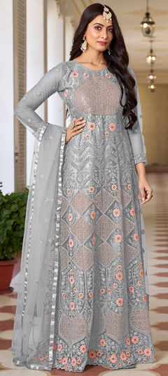 Black and Grey color Salwar Kameez in Net fabric with Embroidered, Sequence, Thread work