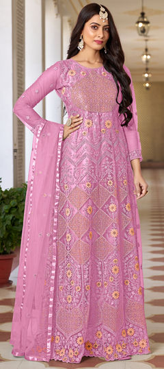 Pink and Majenta color Salwar Kameez in Net fabric with Embroidered, Sequence, Thread work