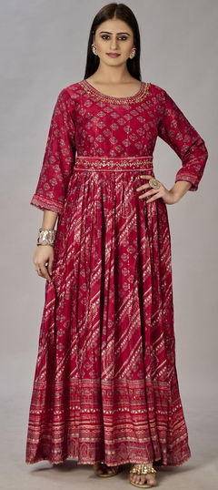 Red and Maroon color Gown in Muslin fabric with Digital Print, Embroidered, Sequence work