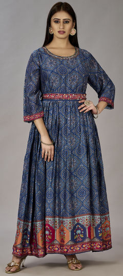 Blue color Gown in Muslin fabric with Digital Print, Embroidered, Sequence work