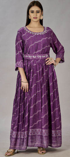 Purple and Violet color Gown in Muslin fabric with Digital Print, Embroidered, Sequence work