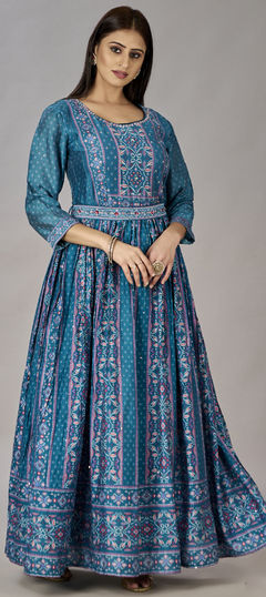 Blue color Gown in Muslin fabric with Digital Print, Embroidered, Sequence work