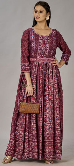Red and Maroon color Gown in Muslin fabric with Digital Print, Embroidered, Sequence work