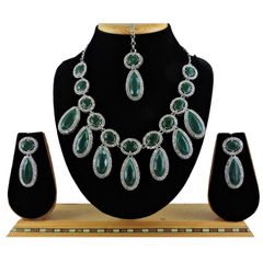 Silver Rodium Polish Green color Necklace in Metal Alloy studded with CZ Diamond