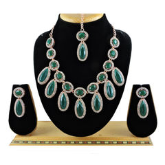 Silver Rodium Polish Green color Necklace in Metal Alloy studded with CZ Diamond