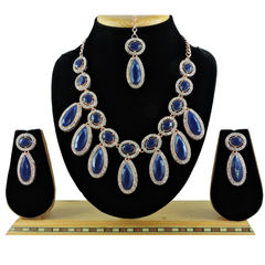 Silver Rodium Polish Blue color Necklace in Metal Alloy studded with CZ Diamond