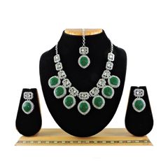 Silver Rodium Polish Green color Necklace in Metal Alloy studded with CZ Diamond