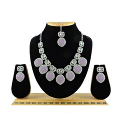 Silver Rodium Polish Purple and Violet color Necklace in Metal Alloy studded with CZ Diamond