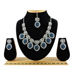 Silver Rodium Polish Blue color Necklace in Metal Alloy studded with CZ Diamond