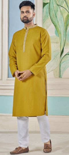 Yellow color Kurta Pyjamas in Viscose fabric with Embroidered, Thread work