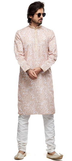 Beige and Brown color Kurta Pyjamas in Cotton fabric with Printed, Thread work