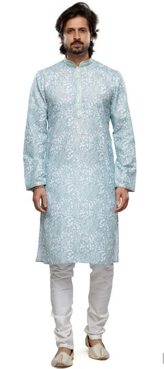 Blue color Kurta Pyjamas in Cotton fabric with Printed, Thread work