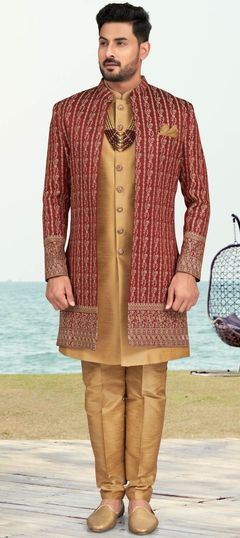 Beige and Brown, Red and Maroon color IndoWestern Dress in Banarasi Silk fabric with Embroidered, Thread work