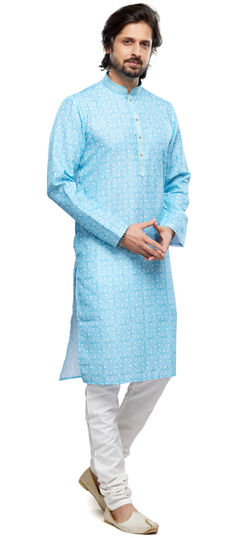 Blue color Kurta Pyjamas in Cotton fabric with Printed, Thread work