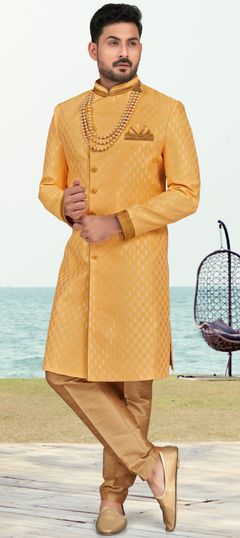 Yellow color IndoWestern Dress in Banarasi Silk fabric with Embroidered, Stone work