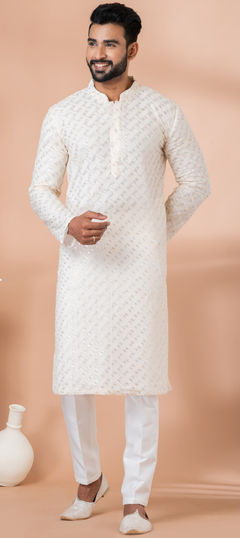 White and Off White color Kurta Pyjamas in Georgette fabric with Embroidered, Sequence work