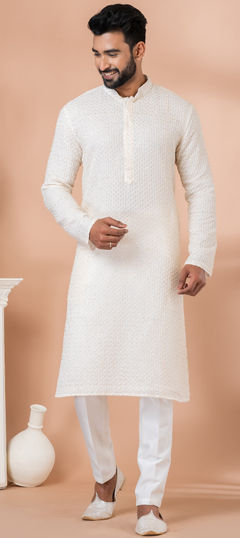 White and Off White color Kurta Pyjamas in Georgette fabric with Embroidered, Sequence work