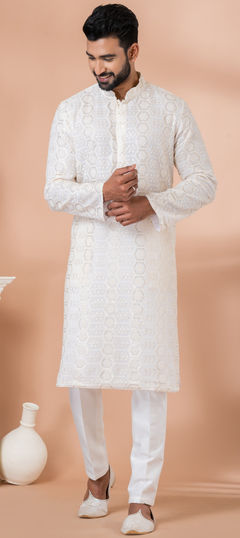 White and Off White color Kurta Pyjamas in Georgette fabric with Embroidered, Sequence work