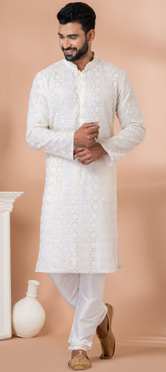 White and Off White color Kurta Pyjamas in Georgette fabric with Embroidered, Sequence work