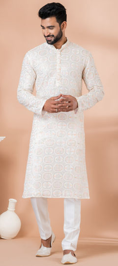 White and Off White color Kurta Pyjamas in Georgette fabric with Embroidered, Sequence work