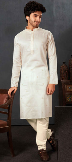 Beige and Brown color Kurta Pyjamas in Cotton fabric with Embroidered, Thread work