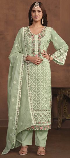 Green color Salwar Kameez in Organza Silk fabric with Embroidered, Sequence, Thread work