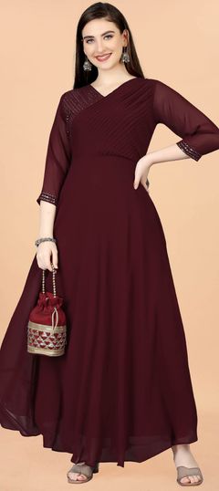 Red and Maroon color Gown in Georgette fabric with Embroidered, Sequence, Thread work