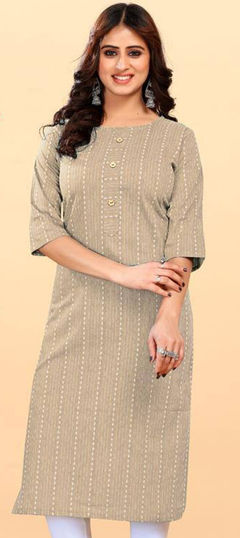 Beige and Brown color Kurti in Cotton fabric with Printed work