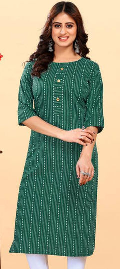 Green color Kurti in Cotton fabric with Printed work