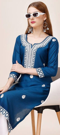 Casual Blue color Kurti in Cotton fabric with Long Sleeve, Straight Embroidered, Thread work : 1928269