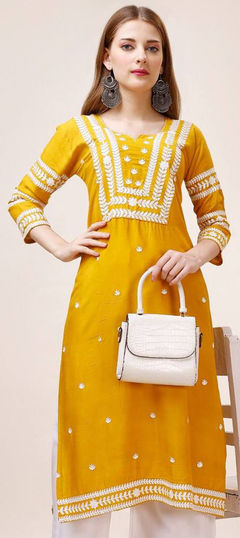 Casual Yellow color Kurti in Cotton fabric with Long Sleeve, Straight Embroidered, Thread work : 1928273