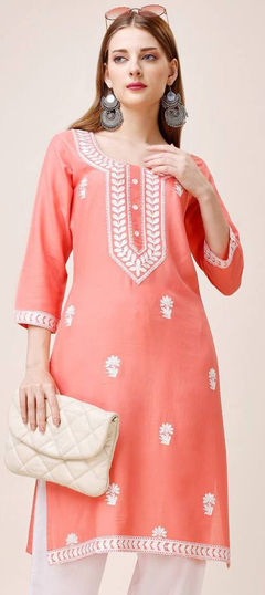 Casual Pink and Majenta color Kurti in Cotton fabric with Long Sleeve, Straight Embroidered work : 1928276