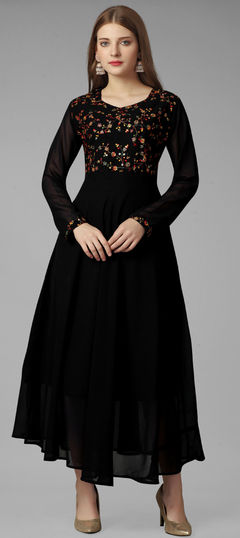 Black and Grey color Gown in Georgette fabric with Embroidered, Thread work