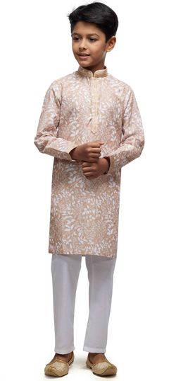 Beige and Brown color Boys Kurta Pyjama in Cotton fabric with Printed, Thread work