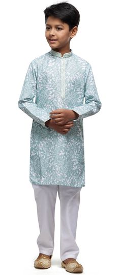 Blue color Boys Kurta Pyjama in Cotton fabric with Printed, Thread work